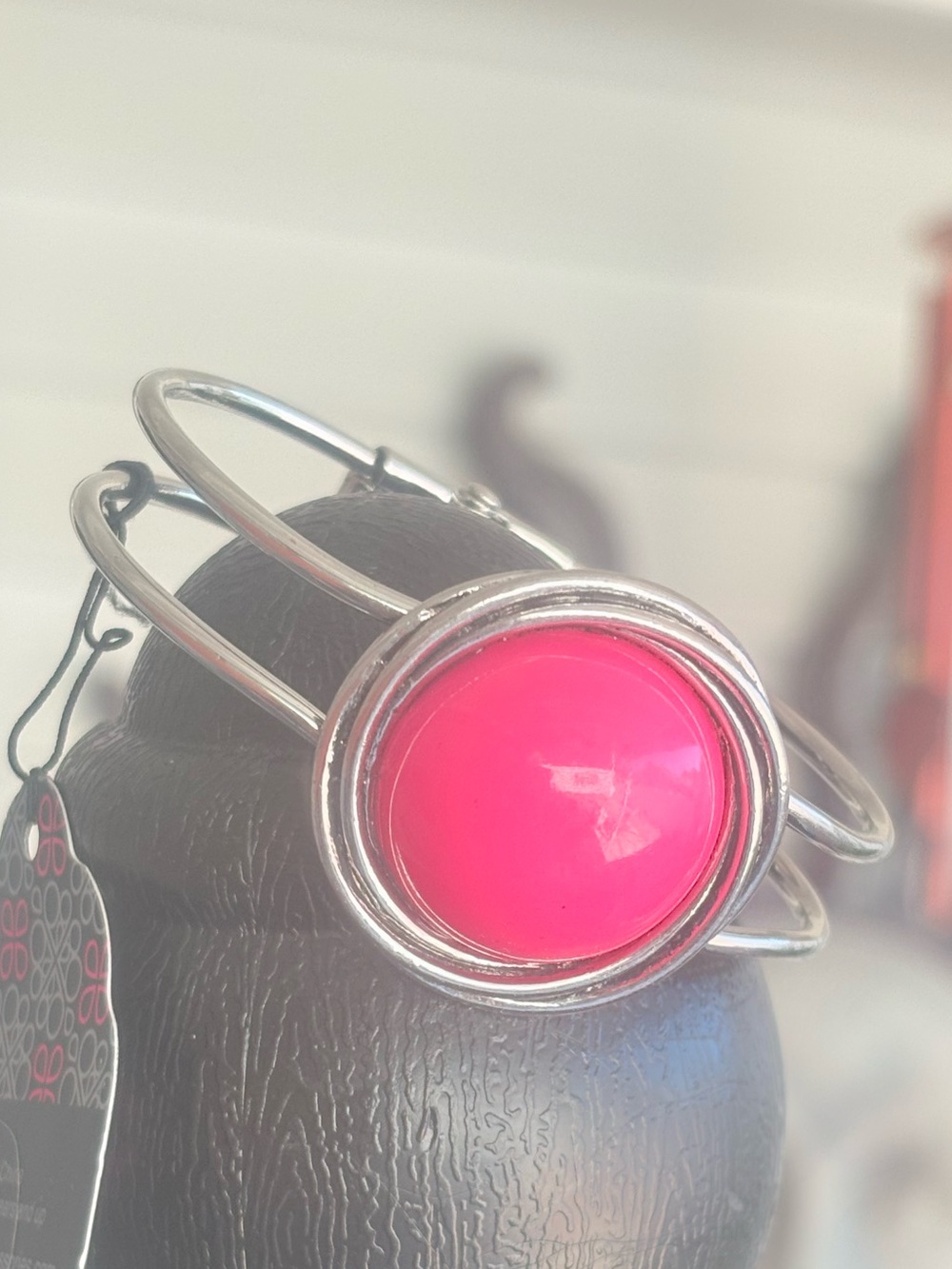 Silver Bangle Bracelet with Bright Pink Cabochon